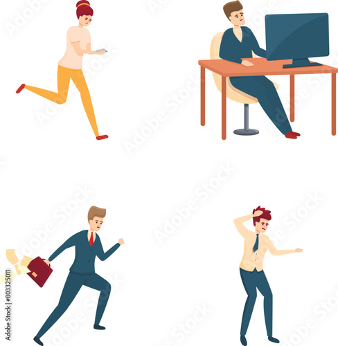 Rush job icons set cartoon vector. Hurrying and running office worker. Deadline and rush hour
