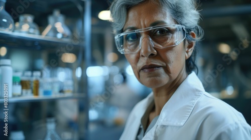 The picture of the senior south asian female pharmaceutical researcher in the laboratory and wearing lab coat and safety glasses  the researcher require the research technique and knowledge. AIG43.