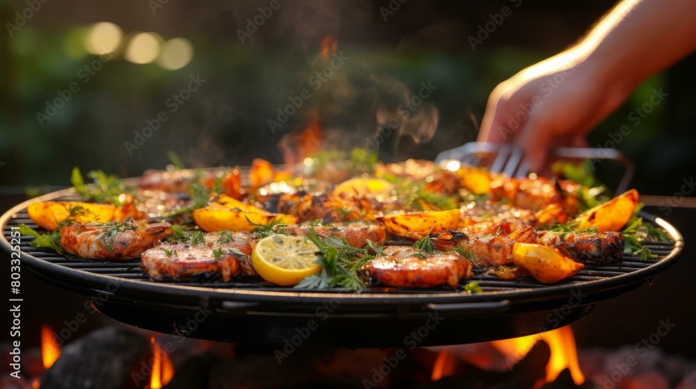 A person grilling various types of food on a grill