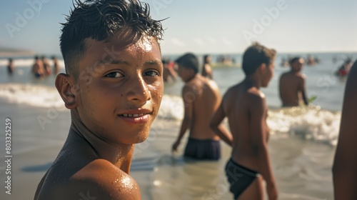 Group of beautiful young colombian man enjoying their vacation on a beach photo