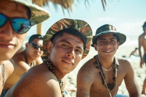 Group of beautiful young colombian man enjoying their vacation on a beach photo