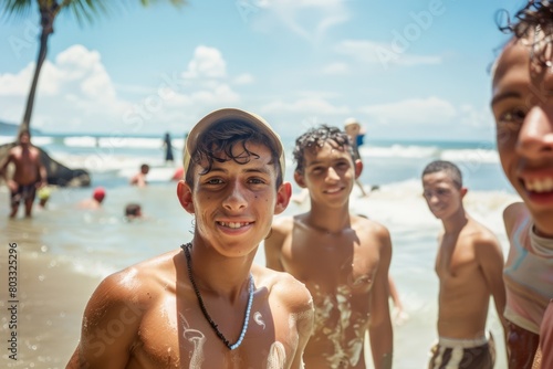 Group of beautiful young colombian man enjoying their vacation on a beach