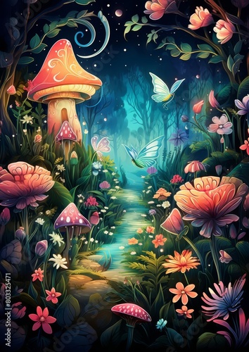 A whimsical illustration of a vibrant forest path