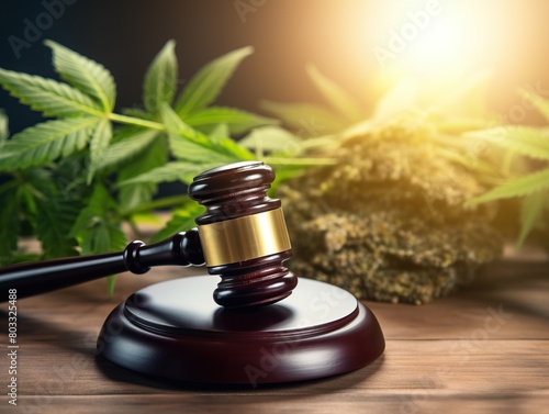 Legalization of cannabis: judge's gavel and marijuana leaf on wooden table