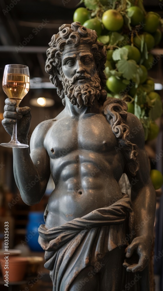 Fototapeta premium A stoic statue of Dionysus, the Greek god of wine, holding a glass of wine.