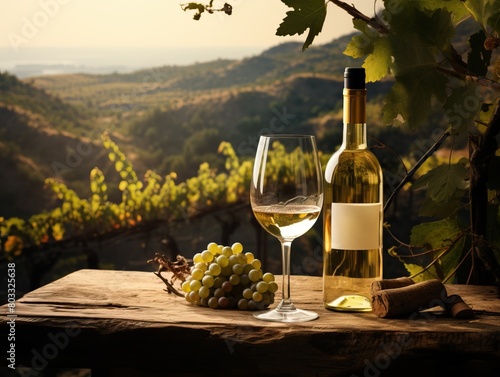 Scenic vineyard landscape with white wine bottle and glass, copy space available