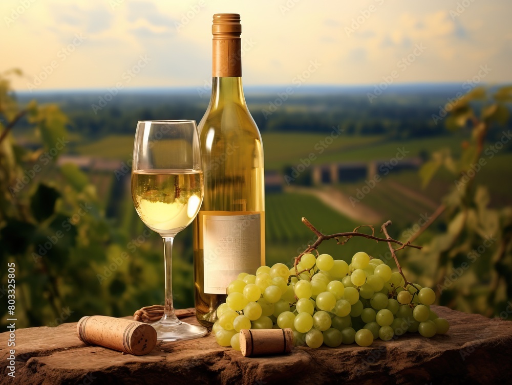 Scenic vineyard landscape with white wine bottle and glass, copy space available