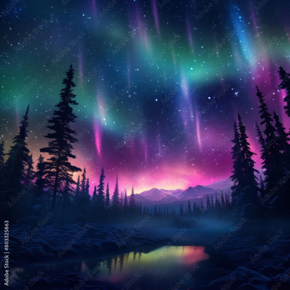 Naklejka premium The aurora borealis, also known as the northern lights, is a natural light display in the Earth's sky, predominantly seen in high-latitude regions.
