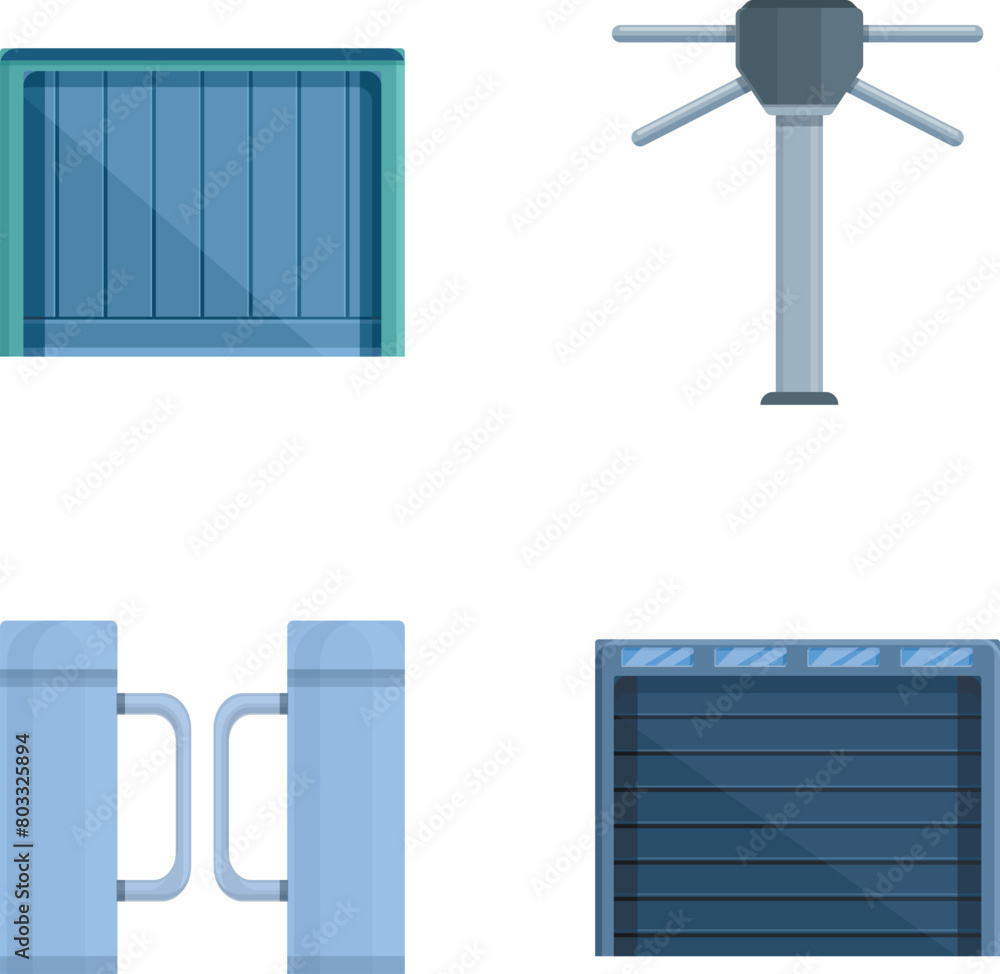 Various gate icons set cartoon vector. Automatic gate and turnstile. Mechanical obstacle Various gate icons set cartoon vector. Automatic gate and turnstile. Mechanical obstacle