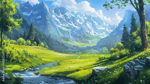 A picturesque painting-style illustration capturing the tranquility of a green pasture