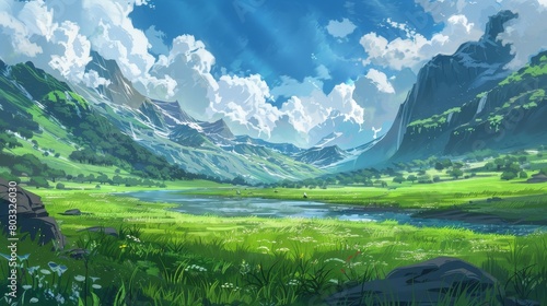A picturesque painting-style illustration capturing the tranquility of a green pasture, intertwined with a river and flanked by high mountains