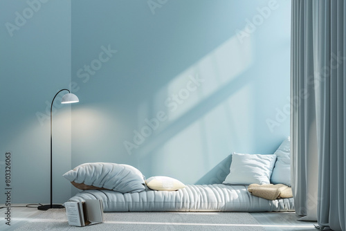 A peaceful sky blue bedroom retreat with a comfortable reading nook and a modern floor lamp.