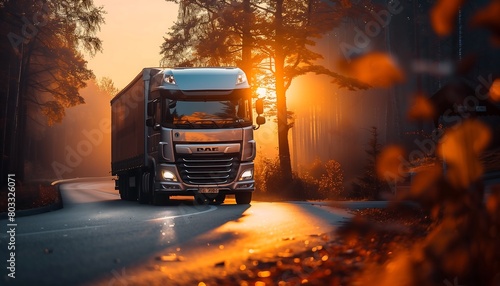 Truck Driving on Autumn Road