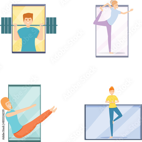 Fitness blog icons set cartoon vector. Professional instructor trainer online. Healthy lifestyle, physical activity