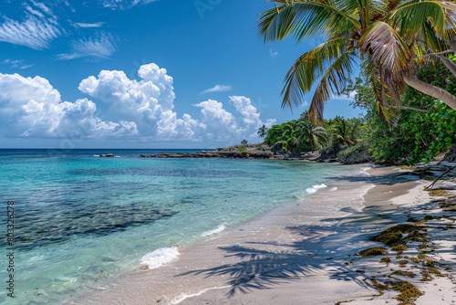 A pristine beach with crystal-clear turquoise waters and palm trees swaying in the breeze.