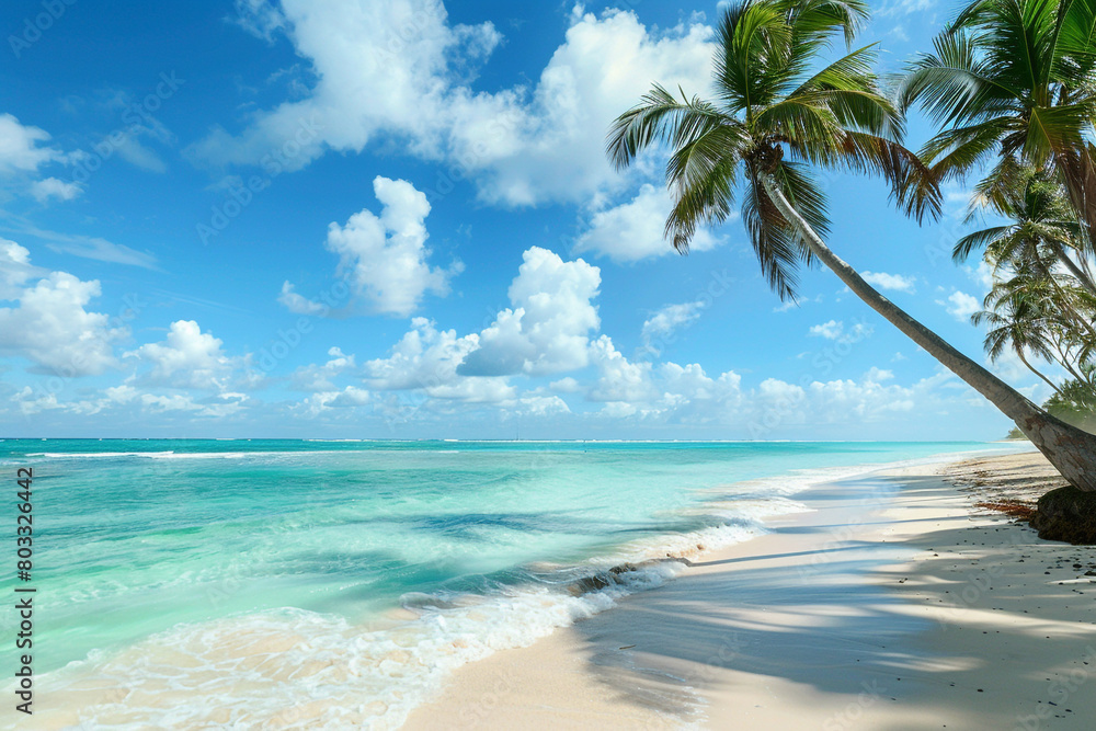 A pristine beach with crystal-clear turquoise waters and palm trees swaying in the breeze.