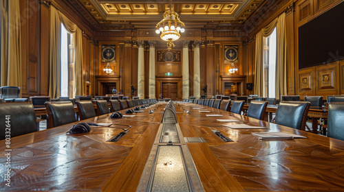 A large room with a long table in the center