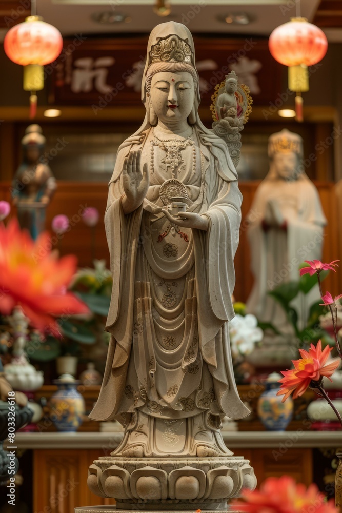 Statue of a Buddhist bodhisattva Avalokiteshvara with a child