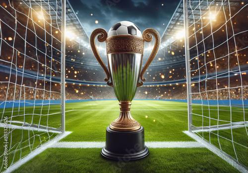 Obraz na płótnie Ein Pokal steht im Tor eines Fußballstadions 