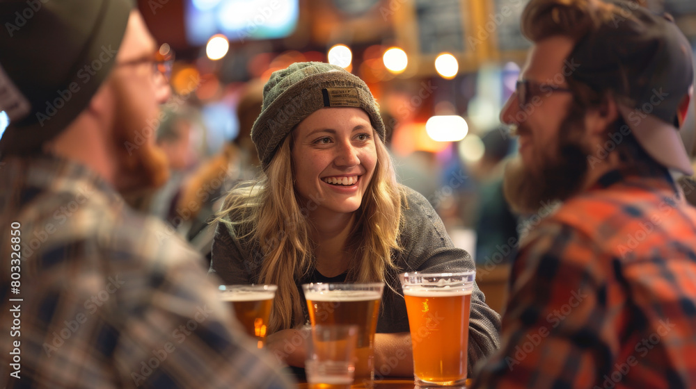 Three people are sitting at a bar, one of them is smiling Three people are sitting at a bar, one of them is smiling