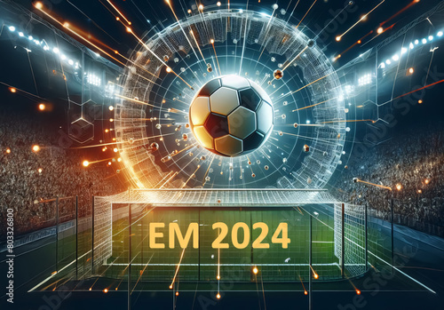 überdimensionaler Fußball in einem Stadion. Im Tor die Aufschrift "EM 2024"