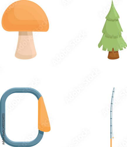 Fishing equipment icons set cartoon vector. Various tool for fishing. Active lifestyle