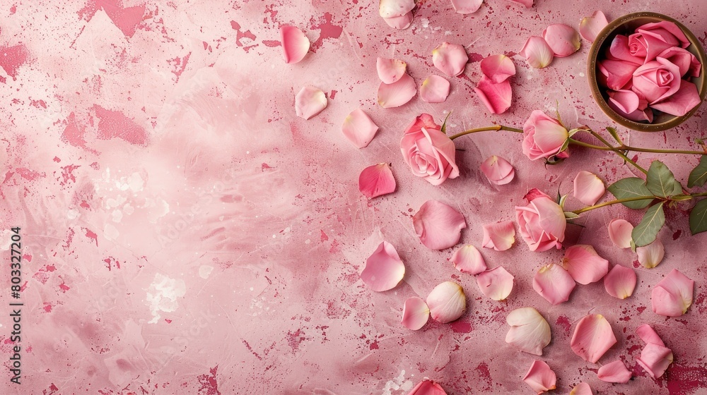 Pink rose petals on pink background. Top view with copy space. Pink rose petals on pink background. Top view with copy space.