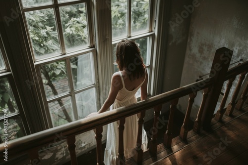 Woman in White Dress Looking Out of Window