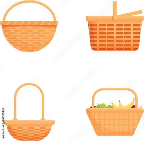 Food basket icons set cartoon vector. Picnic basket filled with various product. Summer rest