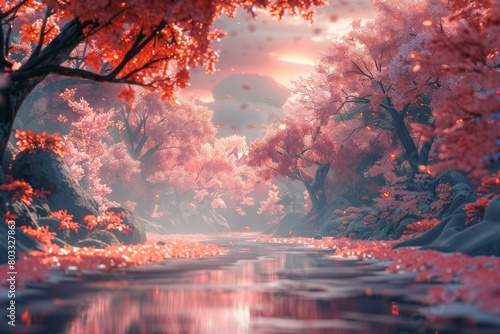 Fantasy landscape with a river flowing through a forest of pink trees