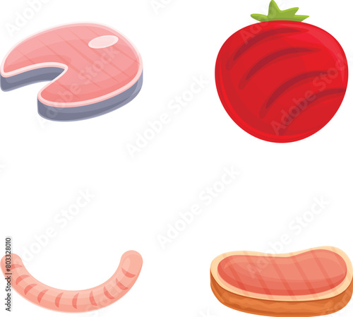 Barbeque food icons set cartoon vector. Fresh delicious grilled food. Picnic, camping cooking