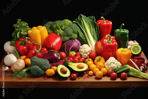 A variety of fresh vegetables are arranged on a wooden table.