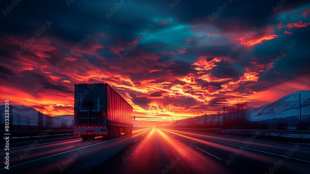 Truck Driving into Sunset