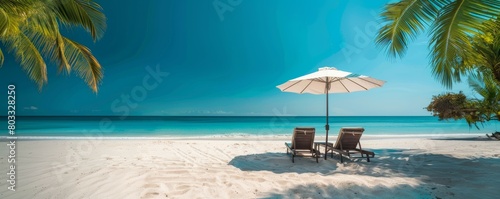 umbrella chair by the white sandy beach under sunndy day with blue sky