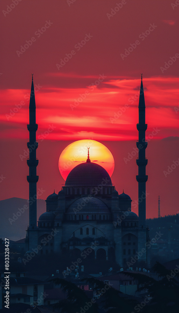 Recreation of a big mosque with alminars and minarets with the sundown