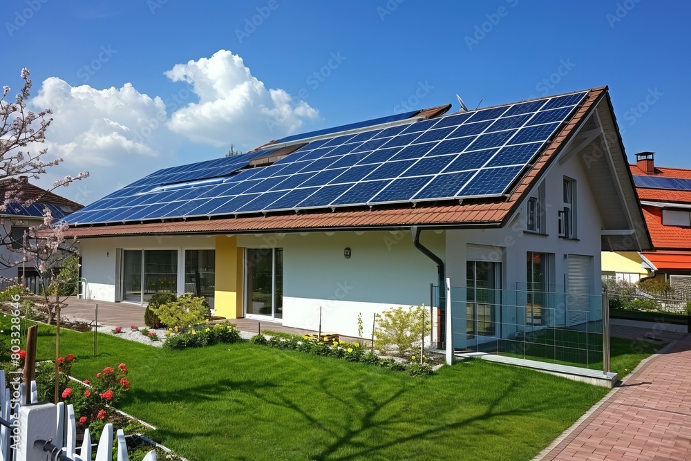 A modern house with solar panels on the roof