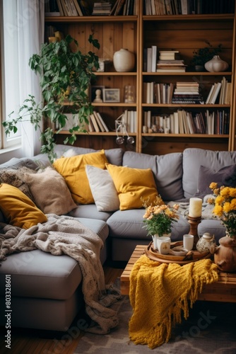 A cozy living room with a large sectional sofa, a coffee table, and a rug. © duyina1990
