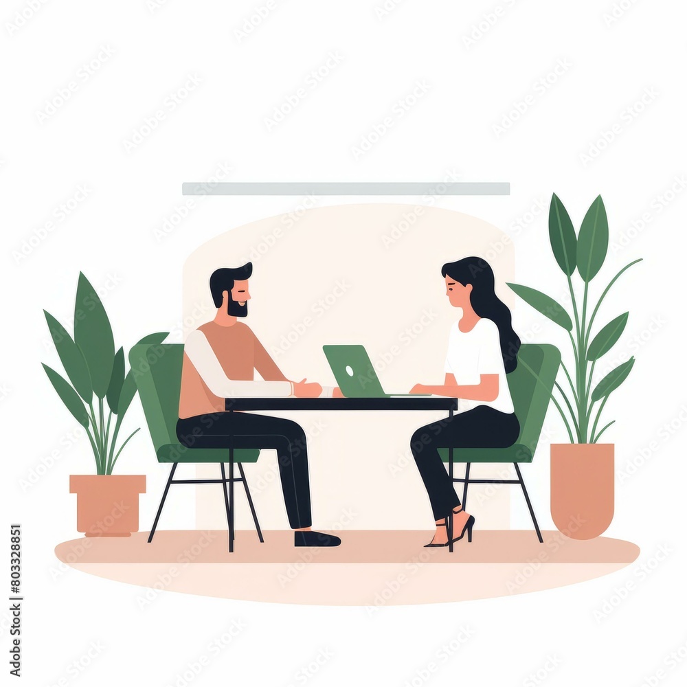 A man and a woman are sitting at a table and talking A man and a woman are sitting at a table and talking