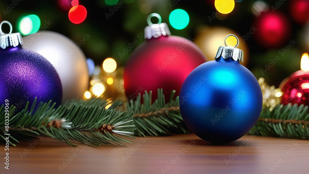 Festive Christmas decorations with colorful baubles on a fir branch