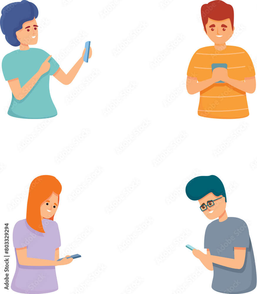 Fototapeta premium Smartphone addiction icons set cartoon vector. Young people looking at phone. Bad habit