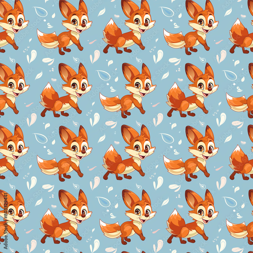 Cheerful cartoon foxes on a blue patterned background with leaves Cheerful cartoon foxes on a blue patterned background with leaves