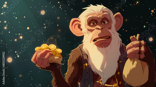 beige big adult trader cartoon chimpanzee white-haired, holding two bag full a gold coins