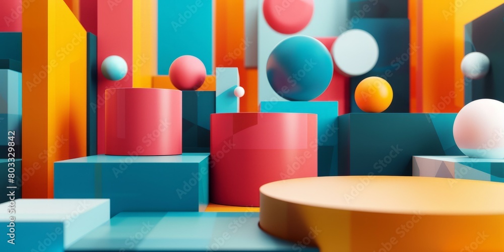 Colorful 3D geometric shapes composition with podium Colorful 3D geometric shapes composition with podium