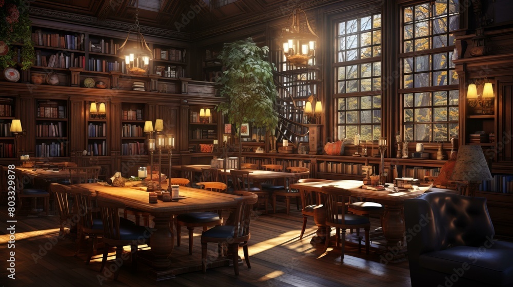 fantasy library interior with bookshelves and study tables