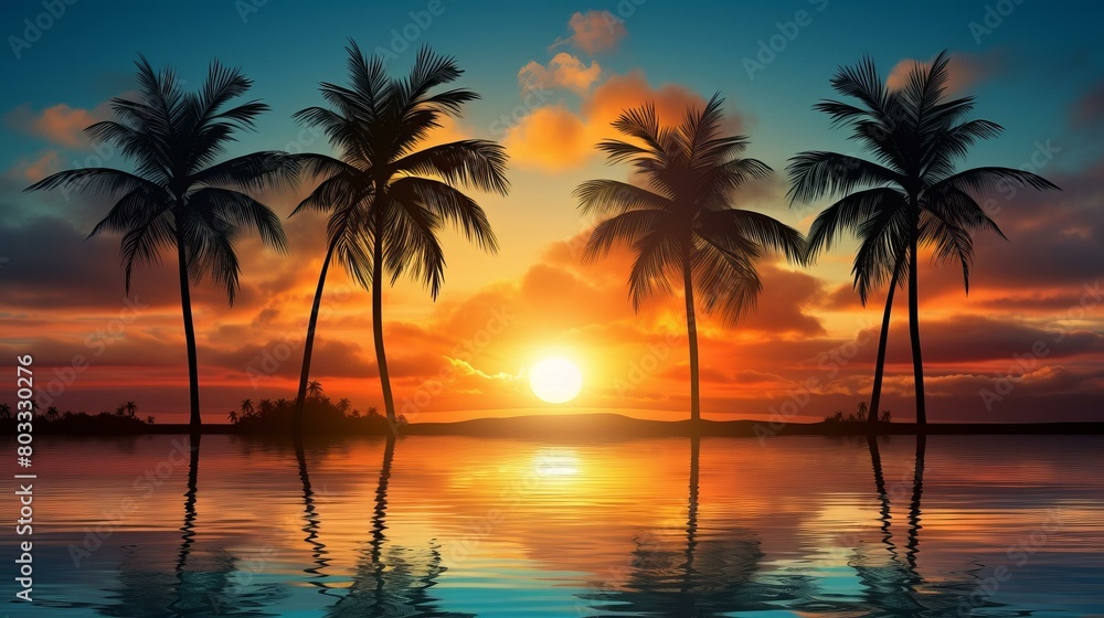 Tropical Beach Sunset With Palm Trees