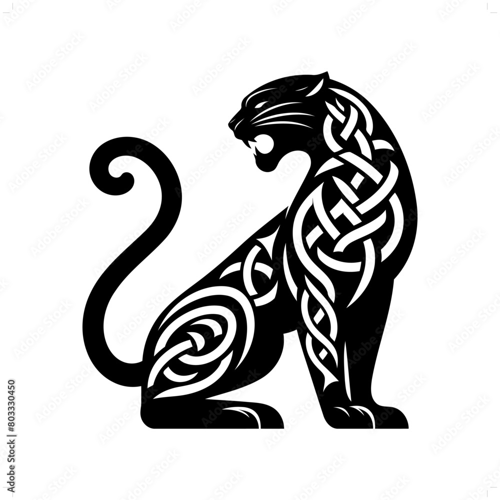 panther, jaguar, leopard silhouette in animal celtic knot, irish, nordic illustration