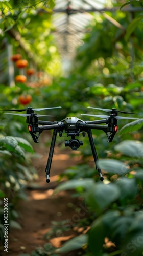 A drone is flying in a greenhouse