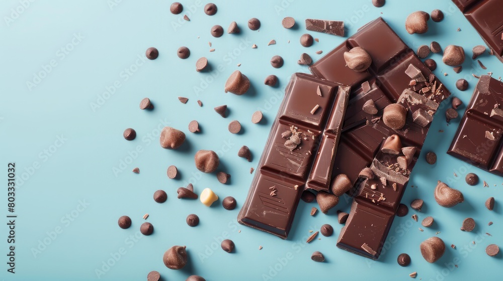 Fototapeta premium Delicious milk chocolate on colorful table, flat lay. Space for text