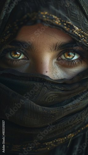 Vertical recreation of eyes woman behind a islamic veil 