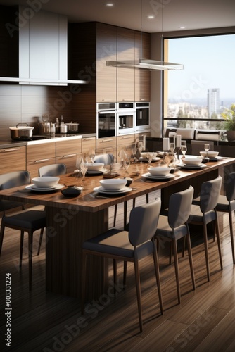 Walnut Dining Table With 10 Chairs and Modern Kitchen © duyina1990